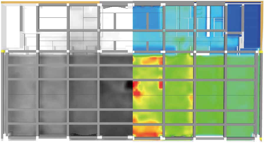 Smoke and temperature distributions calculated by FDS