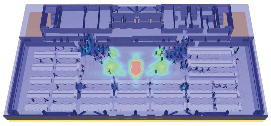 Contour diagram superimposing smoke temperature on evacuation flow distribution