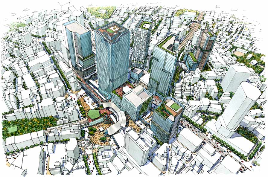 渋谷駅周辺完成イメージ（提供：渋谷駅前エリアマネジメント） ハチ公広場側（西側）にシンボリックな大屋根を計画